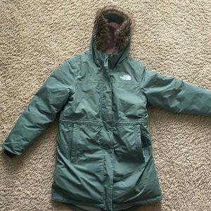Green North Face parka with warm pink lining on the inside, Size L (14/16) girls